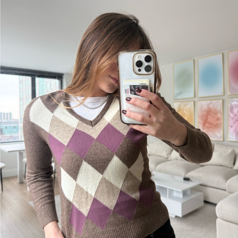 Atmosphere Women's V-Neck Argyle Sweater - Brown, Purple, and Cream